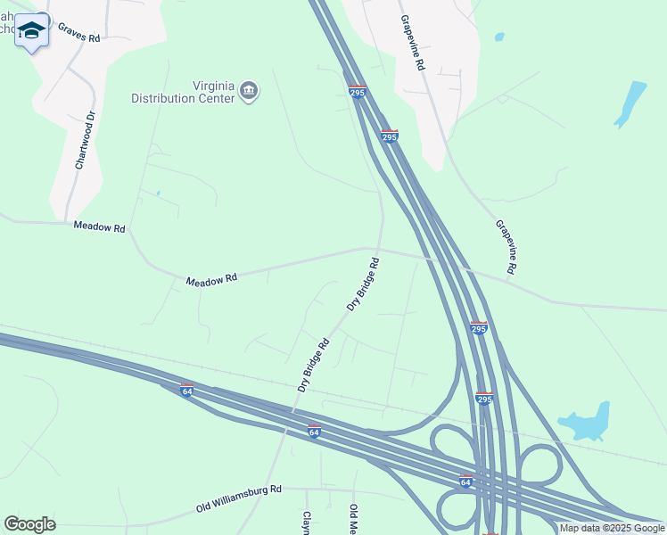 map of restaurants, bars, coffee shops, grocery stores, and more near 2401 Meadow Road in Sandston