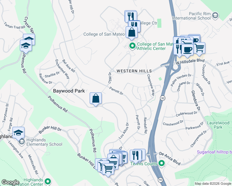 map of restaurants, bars, coffee shops, grocery stores, and more near 1652 Parrott Drive in San Mateo