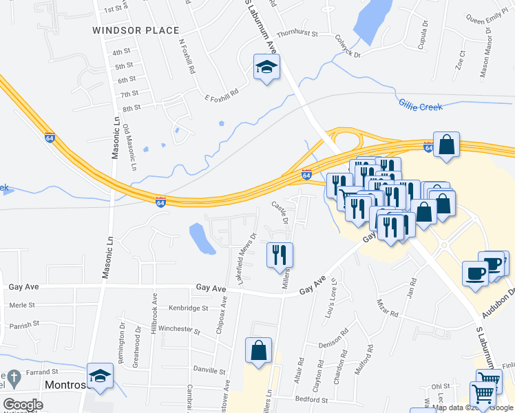 map of restaurants, bars, coffee shops, grocery stores, and more near 4120 Lakefield Mews Drive in Henrico