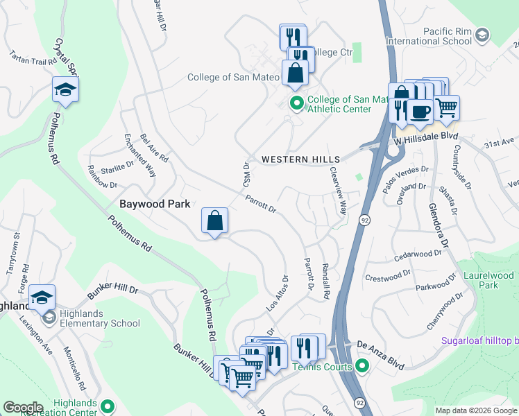 map of restaurants, bars, coffee shops, grocery stores, and more near 1652 Parrott Drive in San Mateo
