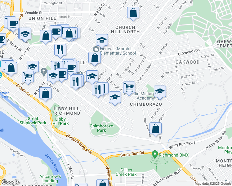 map of restaurants, bars, coffee shops, grocery stores, and more near 512 North 32nd Street in Richmond