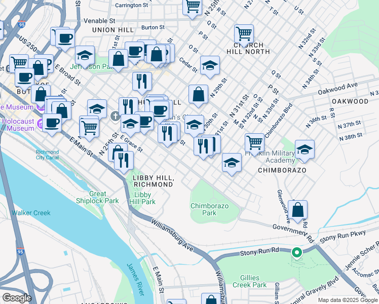 map of restaurants, bars, coffee shops, grocery stores, and more near 2927 East Marshall Street in Richmond