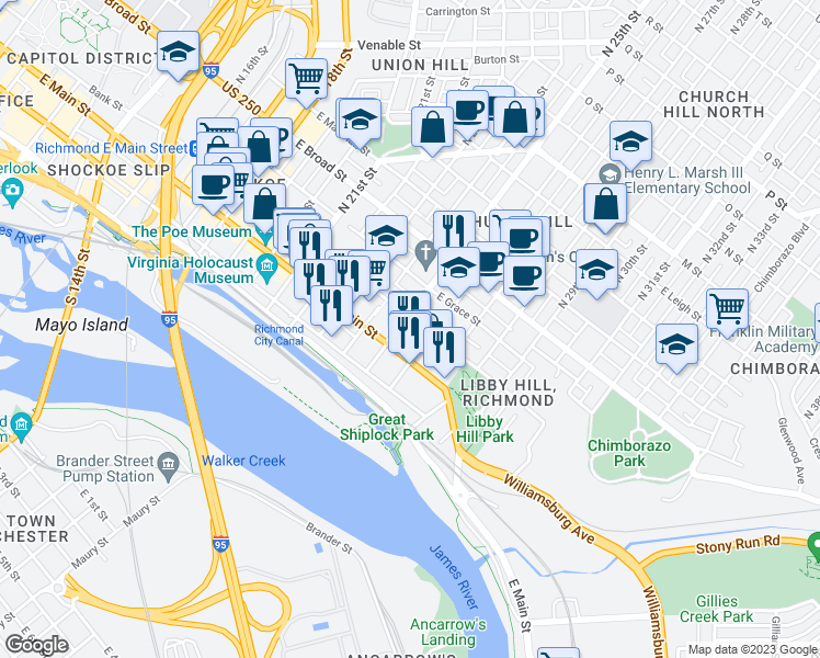 map of restaurants, bars, coffee shops, grocery stores, and more near 2405 East Franklin Street in Richmond