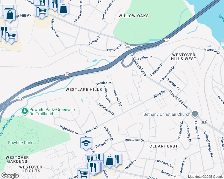 map of restaurants, bars, coffee shops, grocery stores, and more near 2006 Briarcliff Road in Richmond