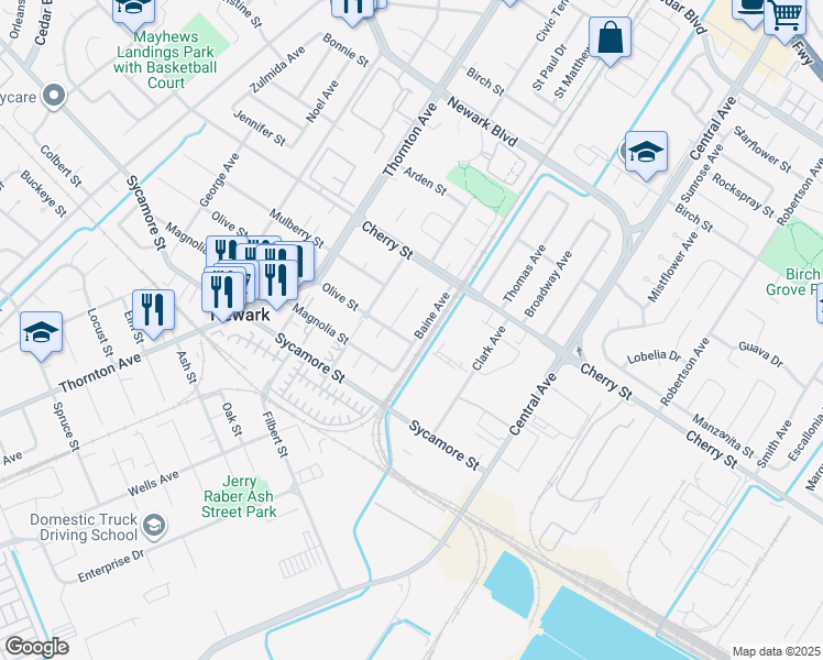 map of restaurants, bars, coffee shops, grocery stores, and more near 6657 Baine Avenue in Newark