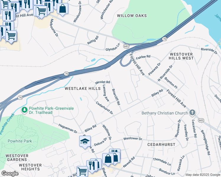 map of restaurants, bars, coffee shops, grocery stores, and more near 2006 Briarcliff Road in Richmond