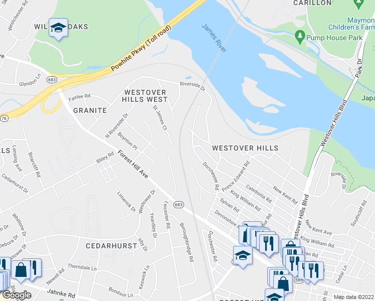 map of restaurants, bars, coffee shops, grocery stores, and more near 5422 Dorchester Road in Richmond