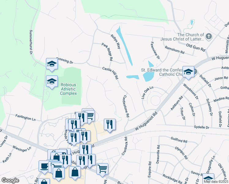 map of restaurants, bars, coffee shops, grocery stores, and more near 11301 Whistlewood Court in Midlothian