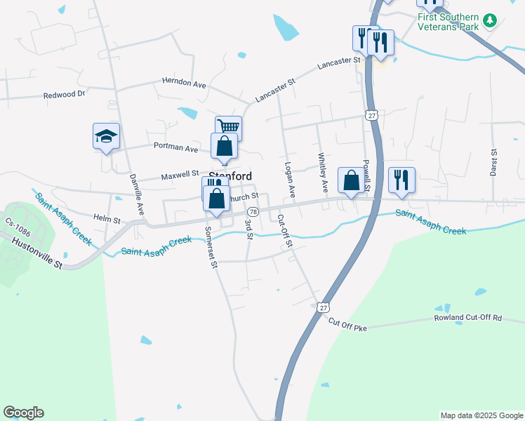 map of restaurants, bars, coffee shops, grocery stores, and more near 315 West Main Street in Stanford