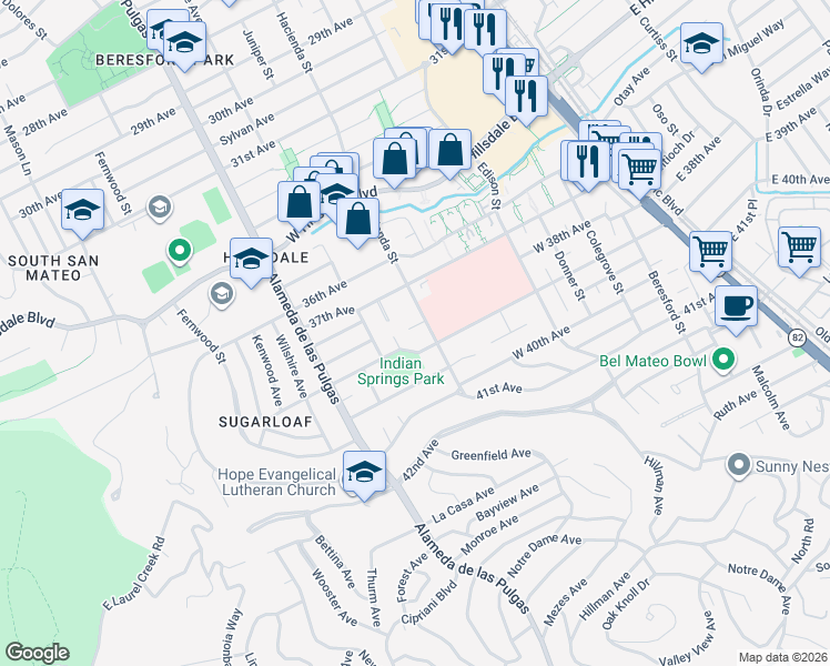 map of restaurants, bars, coffee shops, grocery stores, and more near 13 Murray Court in San Mateo