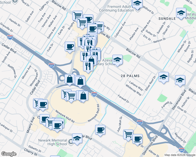 map of restaurants, bars, coffee shops, grocery stores, and more near 5491 Tyler Place in Fremont