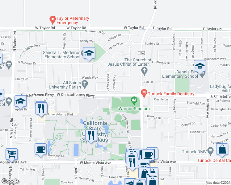 map of restaurants, bars, coffee shops, grocery stores, and more near 302 Meandering Lane in Turlock