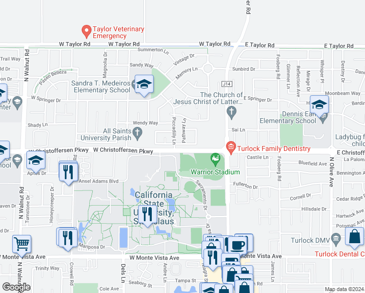 map of restaurants, bars, coffee shops, grocery stores, and more near 342 Meandering Lane in Turlock