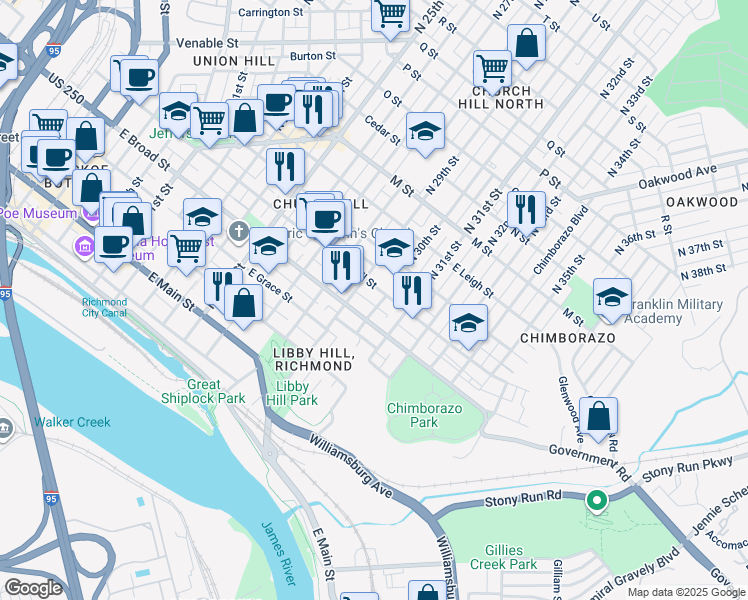 map of restaurants, bars, coffee shops, grocery stores, and more near 320 North 30th Street in Richmond