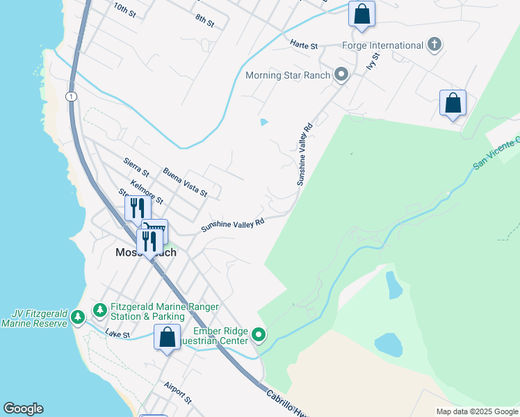 map of restaurants, bars, coffee shops, grocery stores, and more near 1790 Sunshine Valley Road in Moss Beach