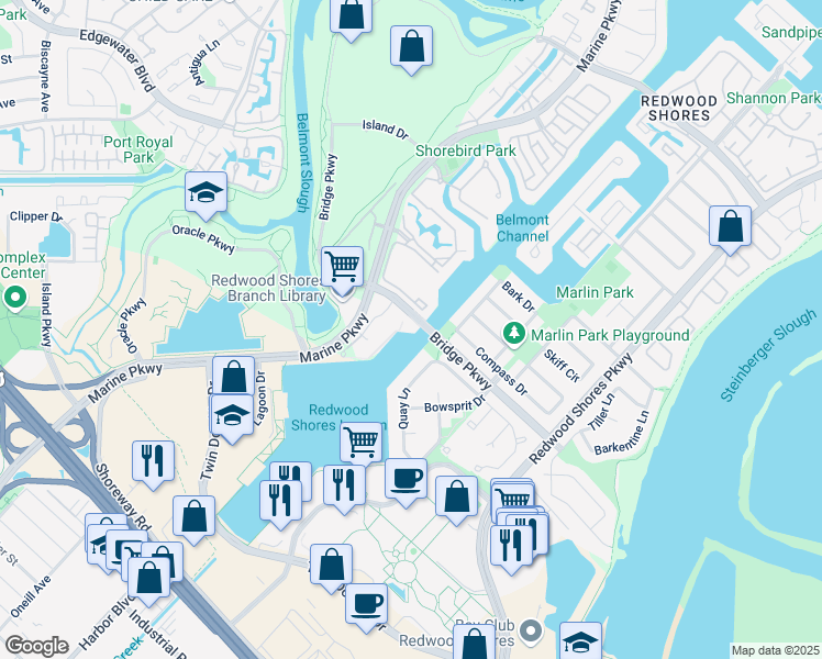 map of restaurants, bars, coffee shops, grocery stores, and more near 390 Bridge Parkway in Redwood City