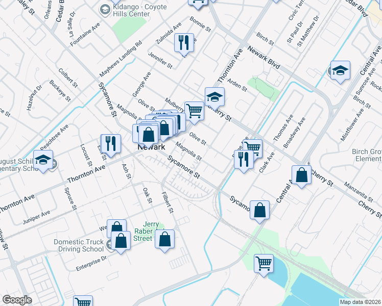 map of restaurants, bars, coffee shops, grocery stores, and more near 37006 Magnolia Street in Newark
