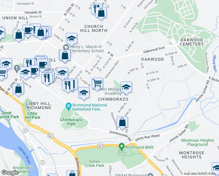 map of restaurants, bars, coffee shops, grocery stores, and more near 701 North 35th Street in Richmond