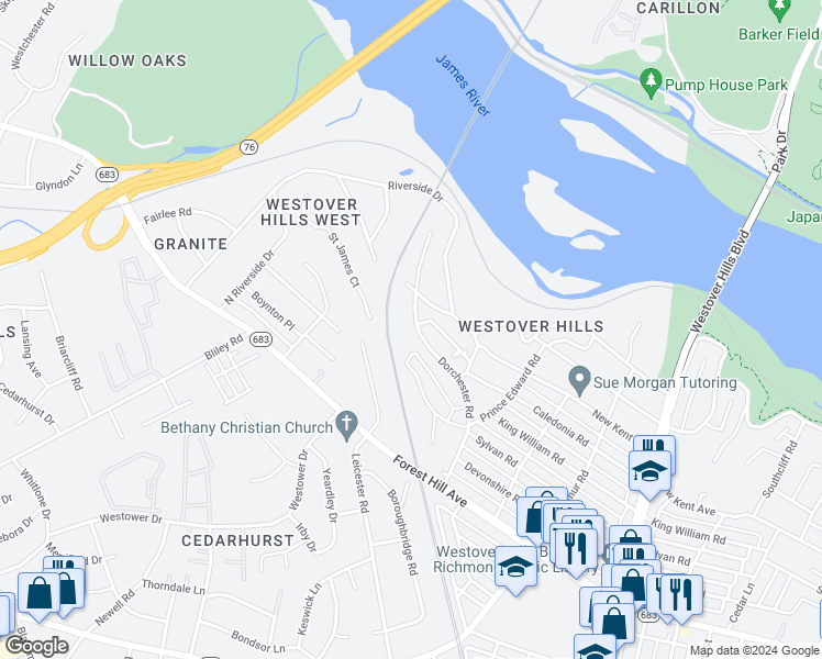 map of restaurants, bars, coffee shops, grocery stores, and more near 5422 Dorchester Road in Richmond