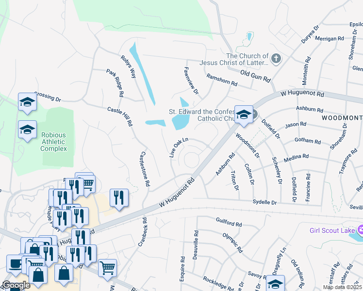 map of restaurants, bars, coffee shops, grocery stores, and more near 2748 Live Oak Lane in Midlothian