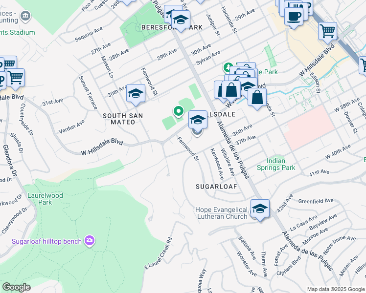 map of restaurants, bars, coffee shops, grocery stores, and more near 700 Laurelwood Drive in San Mateo