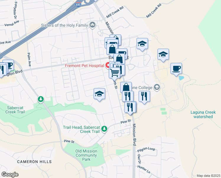 map of restaurants, bars, coffee shops, grocery stores, and more near 255 Anza Street in Fremont