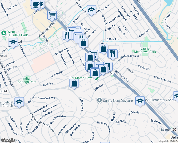 map of restaurants, bars, coffee shops, grocery stores, and more near 67 41st Avenue in San Mateo