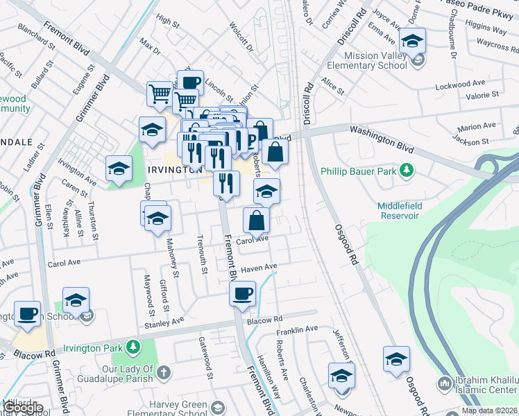 map of restaurants, bars, coffee shops, grocery stores, and more near 3800 Adams Avenue in Fremont