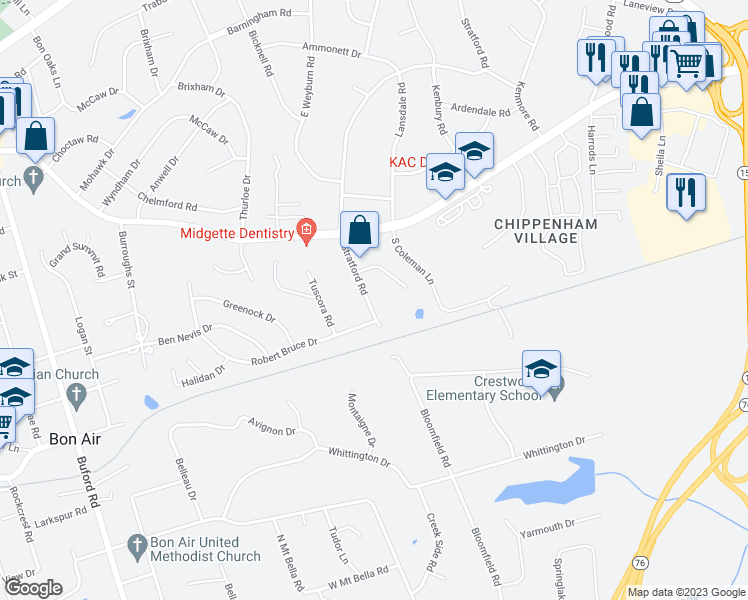 map of restaurants, bars, coffee shops, grocery stores, and more near 2219 Stratford Road in Richmond