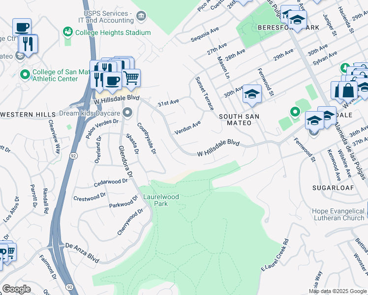 map of restaurants, bars, coffee shops, grocery stores, and more near 3322 Caxton Court in San Mateo