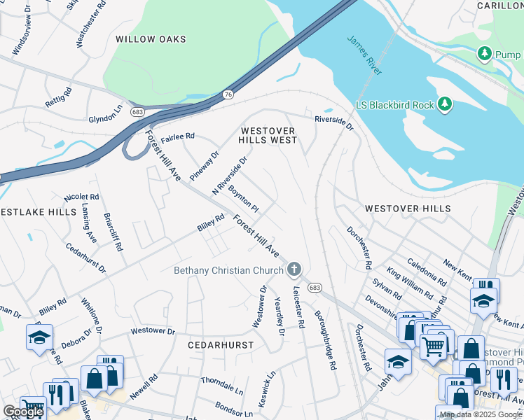 map of restaurants, bars, coffee shops, grocery stores, and more near 5606 Boynton Place in Richmond