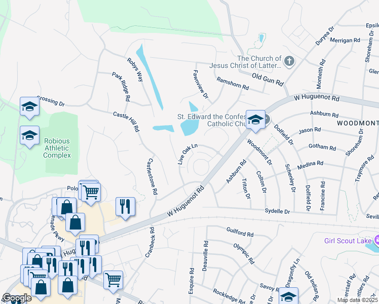 map of restaurants, bars, coffee shops, grocery stores, and more near 2748 Live Oak Lane in Midlothian