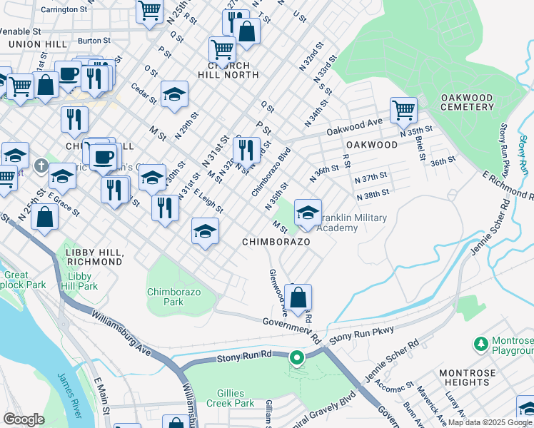 map of restaurants, bars, coffee shops, grocery stores, and more near 701 North 35th Street in Richmond
