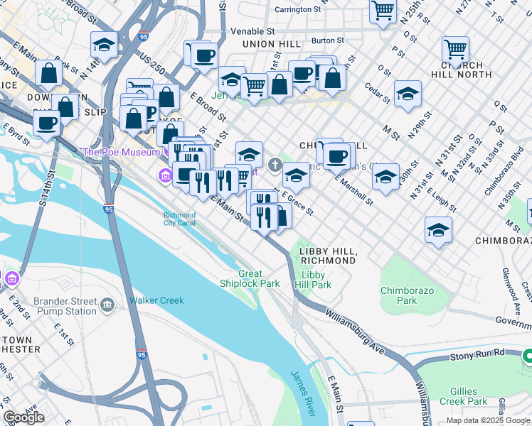 map of restaurants, bars, coffee shops, grocery stores, and more near 2501 East Franklin Street in Richmond