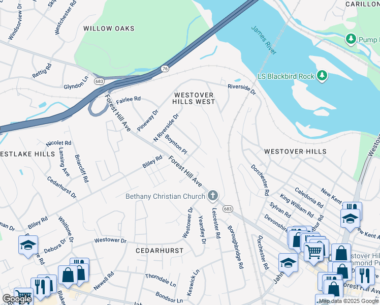map of restaurants, bars, coffee shops, grocery stores, and more near 5606 Boynton Place in Richmond