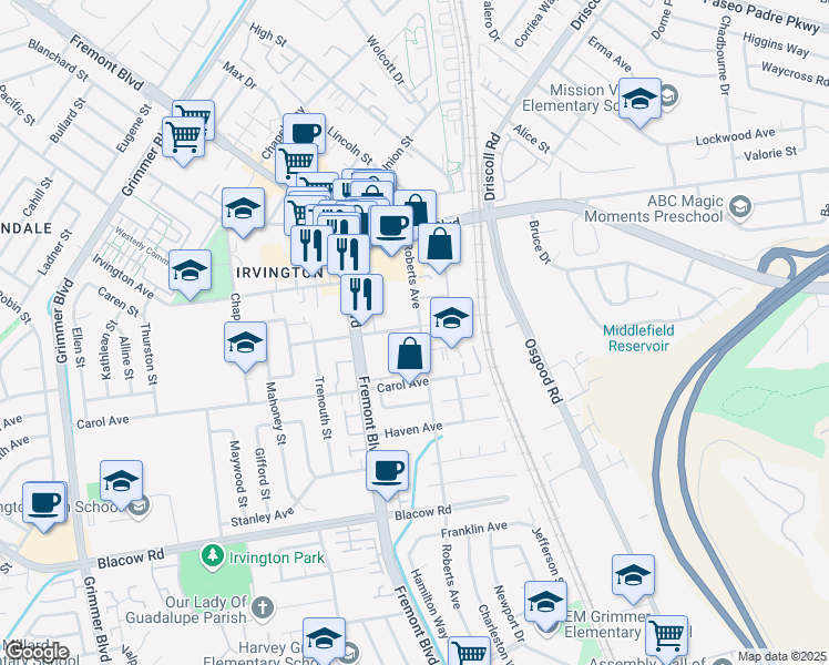 map of restaurants, bars, coffee shops, grocery stores, and more near 3800 Adams Avenue in Fremont