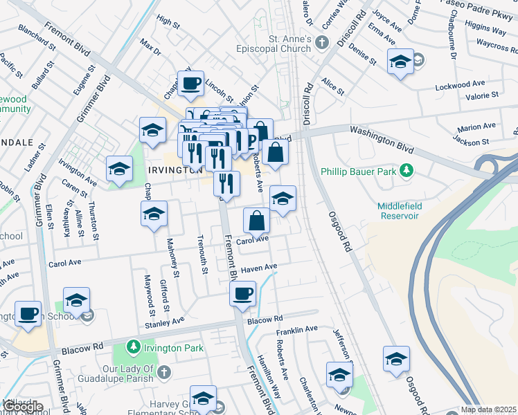 map of restaurants, bars, coffee shops, grocery stores, and more near 3800 Adams Avenue in Fremont