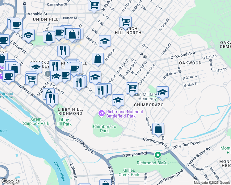 map of restaurants, bars, coffee shops, grocery stores, and more near 507 North 32nd Street in Richmond