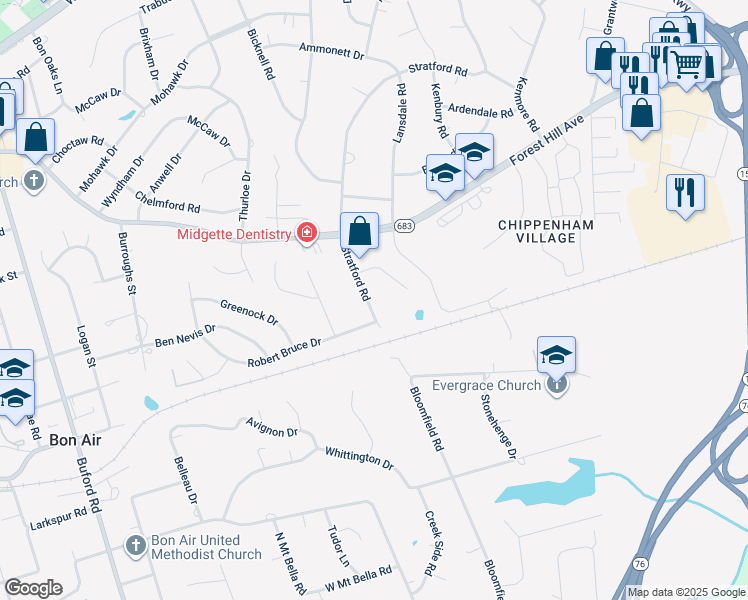 map of restaurants, bars, coffee shops, grocery stores, and more near 2219 Stratford Road in Richmond