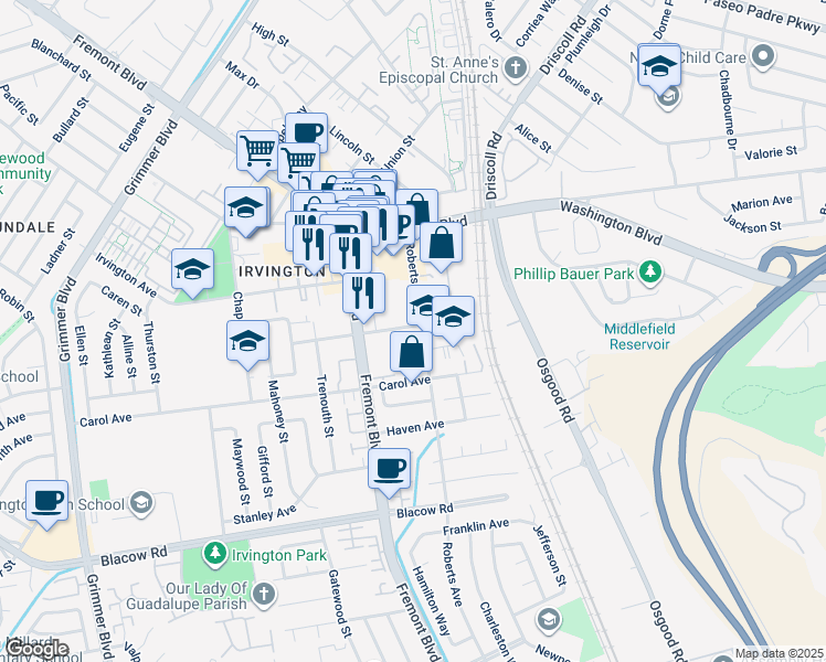 map of restaurants, bars, coffee shops, grocery stores, and more near 3791 Adams Avenue in Fremont