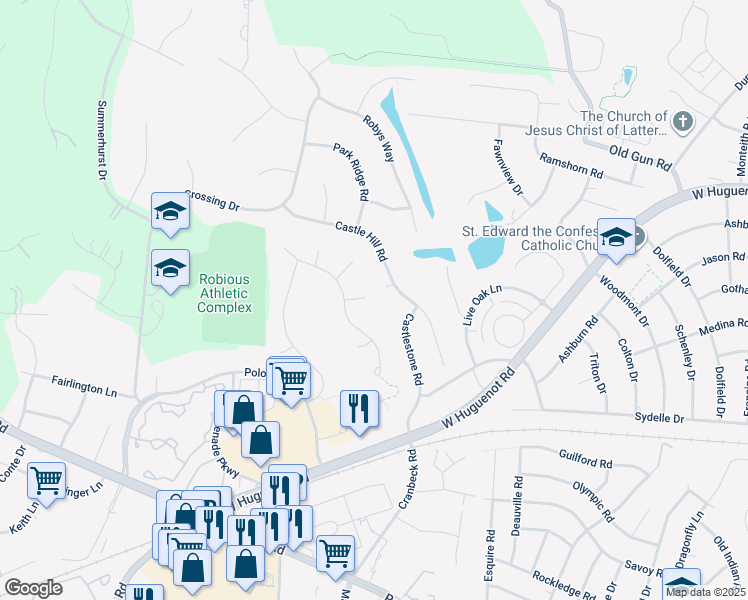 map of restaurants, bars, coffee shops, grocery stores, and more near 11301 Whistlewood Court in Midlothian