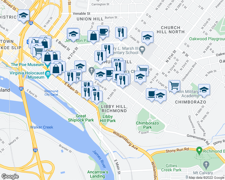 map of restaurants, bars, coffee shops, grocery stores, and more near 2717 East Broad Street in Richmond