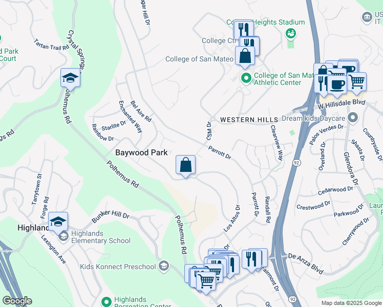 map of restaurants, bars, coffee shops, grocery stores, and more near 124 Csm Drive in San Mateo