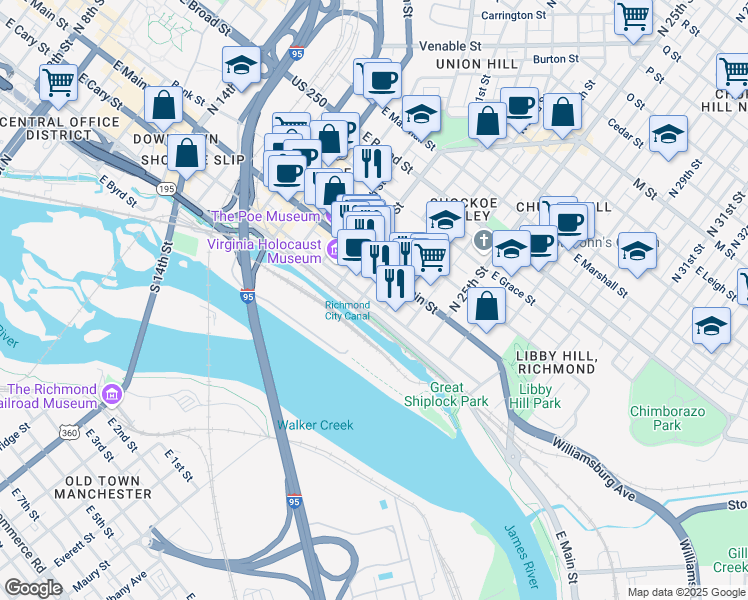 map of restaurants, bars, coffee shops, grocery stores, and more near 2222 East Cary Street in Richmond