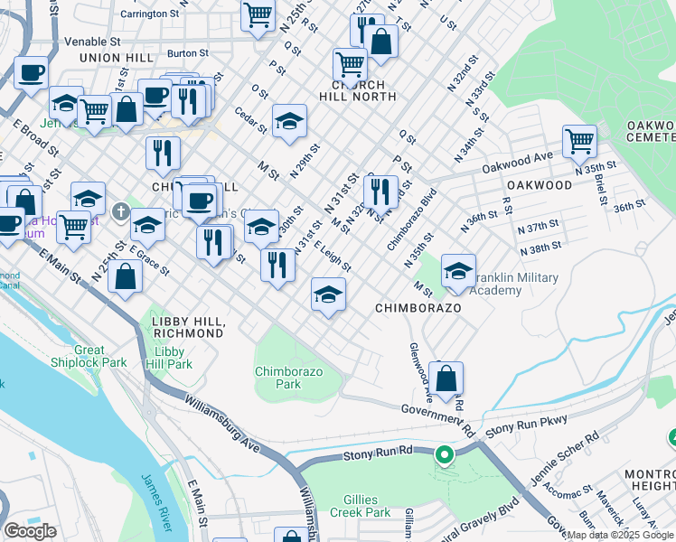 map of restaurants, bars, coffee shops, grocery stores, and more near 520 North 33rd Street in Richmond