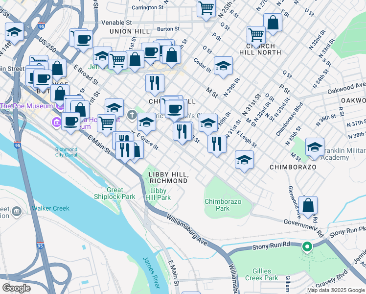 map of restaurants, bars, coffee shops, grocery stores, and more near 2822 East Broad Street in Richmond