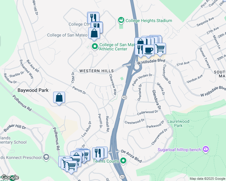 map of restaurants, bars, coffee shops, grocery stores, and more near 38 Weepingridge Court in San Mateo