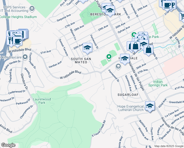 map of restaurants, bars, coffee shops, grocery stores, and more near 705 West Hillsdale Boulevard in San Mateo