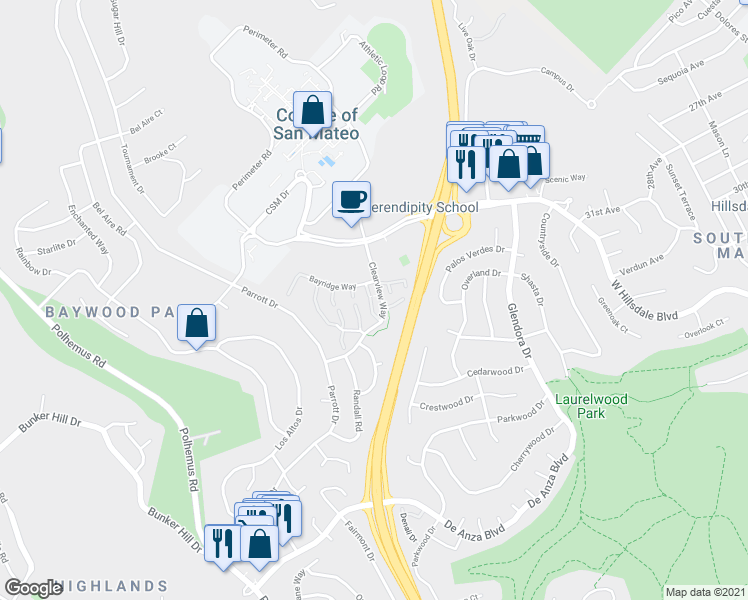 map of restaurants, bars, coffee shops, grocery stores, and more near 38 Weepingridge Court in San Mateo