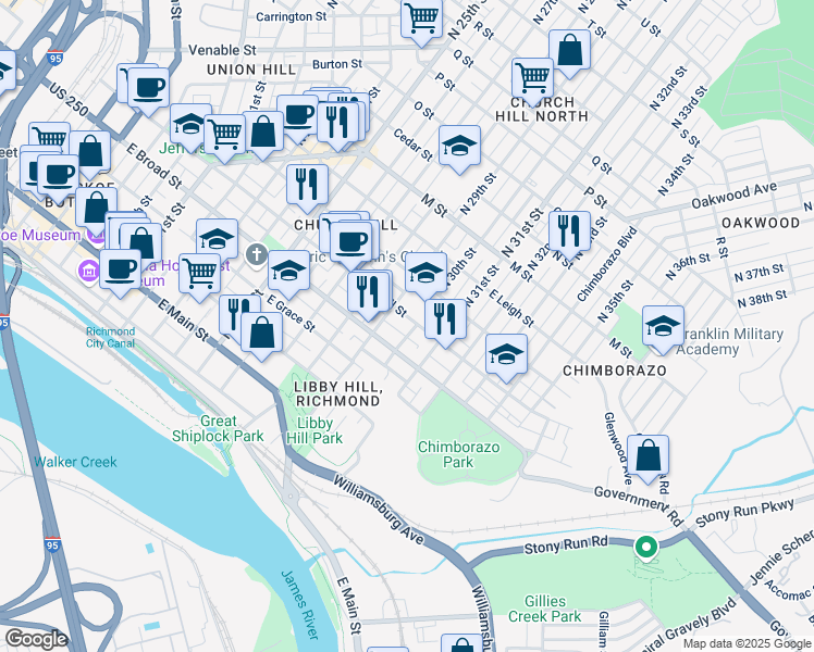 map of restaurants, bars, coffee shops, grocery stores, and more near 2927 East Marshall Street in Richmond